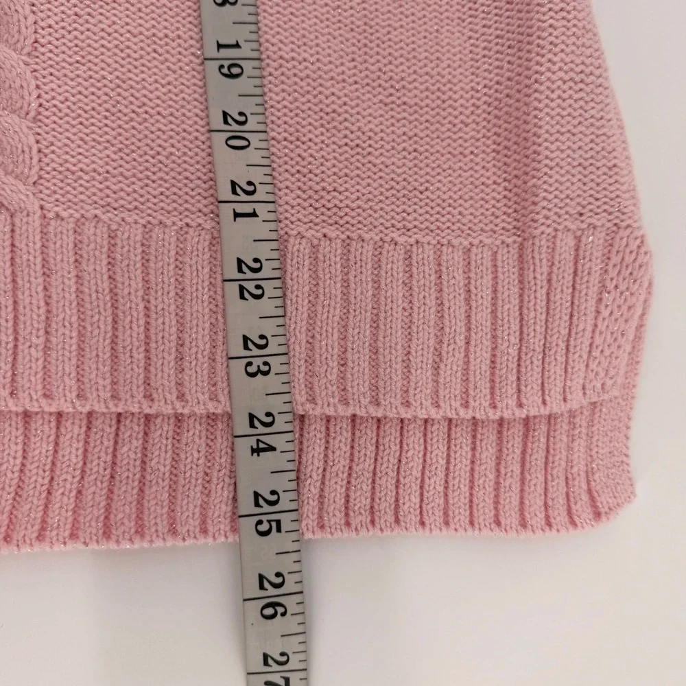 Chaps Sweater Womens L Pink Cable Knit V-Neck Metallic Shimmer Long Sleeve NEW
